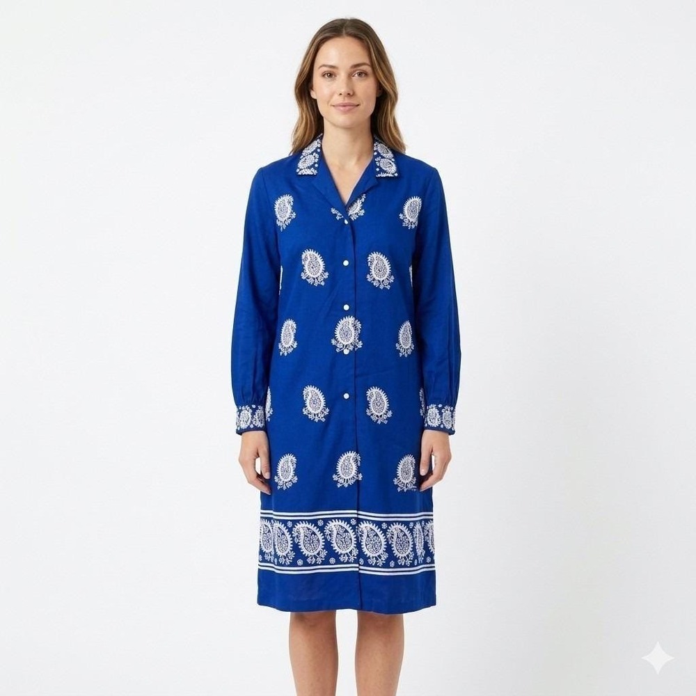 Vtg Alfred Shaheen Dress 60s Blue Paisley‎ Shift Shirt Dress Border Print Med